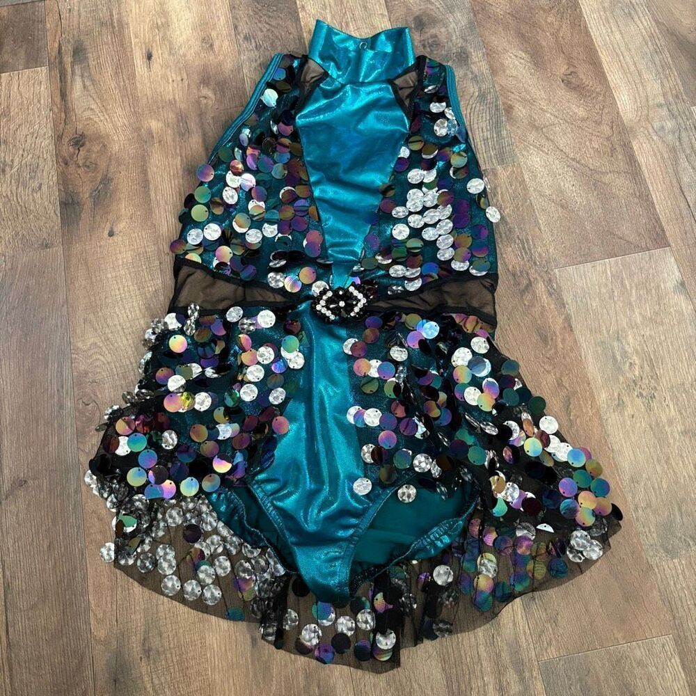 A Wish Come True 21658X XLC Teal Blue Metallic Black Mesh Silver Dance Costume